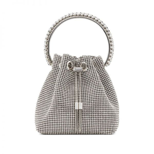 Серебристая мини-сумка JIMMY CHOO с кристаллами и сатиновой отделкой